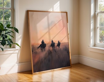 Arte de pared de vaqueros al atardecer / Paisaje del oeste para imprimir / Decoración de pared rústica de rancho / Silueta de vaquero