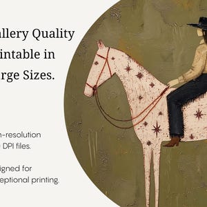 May include: A digital art print featuring a person in a black hat, tan shirt, and dark pants riding a white horse with red star patterns. The text reads: Gallery Quality Printable in Large Sizes. High-resolution 300 DPI files. Designed for exceptional printing.