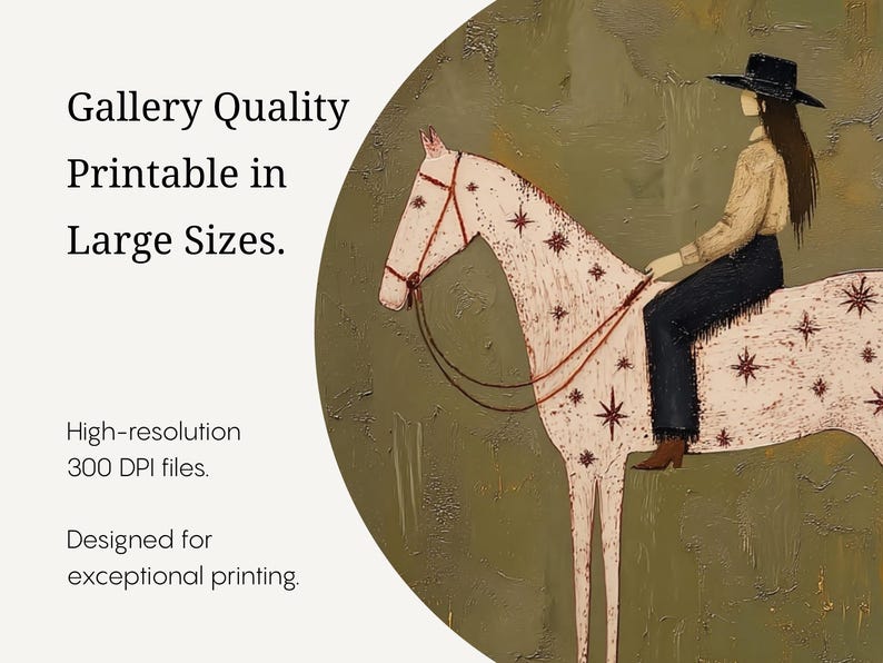 May include: A digital art print featuring a person in a black hat, tan shirt, and dark pants riding a white horse with red star patterns. The text reads: Gallery Quality Printable in Large Sizes. High-resolution 300 DPI files. Designed for exceptional printing.