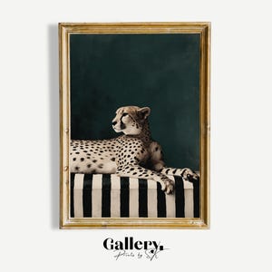 Cheetah On Stripe Couch | Emerald Green Statement Luxury Fashion Print, Animal Artful Painting, Elegant Designer Wall Printable