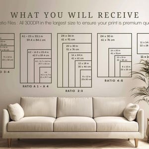 May include: A beige sofa is positioned below a wall displaying print size ratios in inches and centimeters. The text "WHAT YOU WILL RECEIVE" is at the top, followed by details about the print files. A side table with books and a plant is to the right.