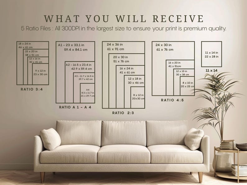 May include: A beige sofa is positioned below a wall displaying print size ratios in inches and centimeters. The text "WHAT YOU WILL RECEIVE" is at the top, followed by details about the print files. A side table with books and a plant is to the right.