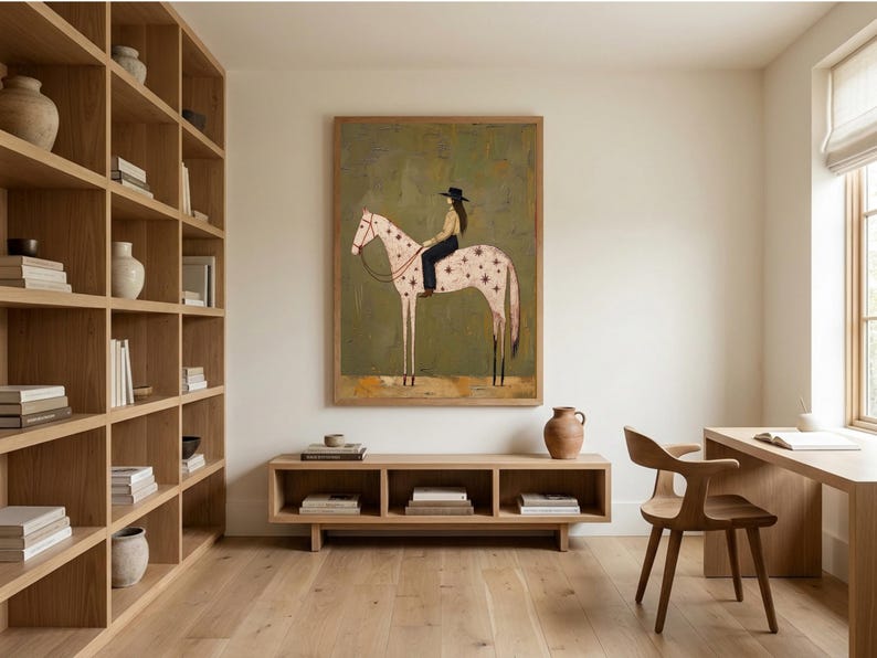 May include: A framed wall art print featuring a stylized illustration of a person wearing a black hat and dark clothing riding a light-colored horse decorated with dark star patterns against a muted olive green background.