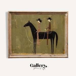 May include: A framed painting on a textured olive green background featuring a black horse with two riders wearing black hats. One rider wears a patterned dress and the other wears a brown outfit. The text Gallery. Prints by SK is below.