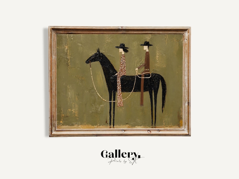 May include: A framed painting on a textured olive green background featuring a black horse with two riders wearing black hats. One rider wears a patterned dress and the other wears a brown outfit. The text Gallery. Prints by SK is below.