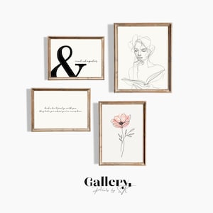 Może przedstawiać: Kolekcja czterech oprawionych wydruków artystycznych. Jeden wydruk przedstawia czarną ampersand z napisem "read chapters". Inny przedstawia rysunek kobiety czytającej. Pozostałe dwa wydruki mają wzory kwiatowe i tekstowe.