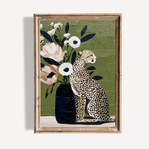 Maximalist Leopard Wall Art Printable, Cheetah Floral Art Print, Eclectic Animal Decor, Green Botanical Gallery Poster