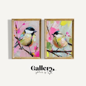 Whimsical Bird Art Duo – Pastel Spring Birds Set of2, Colorful Painterly Gitable Prints, Dopamine Colour Artwork Decor, Instant Download