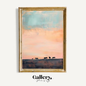 地平線上の小さな馬のウォールアート | 西部風景の印刷可能な砂漠の夕日のプリント | ミニマルな西部のシルエット画の即時ダウンロード