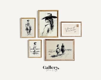 Cowgirl Sketch Prints | Western Gallery Wall Art Set (Digital Download)