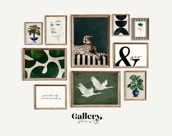 Cheetah Gallery Wall Set — Eclectic Green & Neutral Printable Wall Art Collection | Modern Botanical and Cranes Prints Living Room Decor