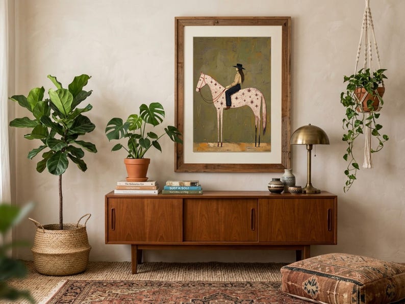 May include: A framed wall art print featuring a stylized illustration of a person wearing a black cowboy hat and dark pants riding a light-colored horse with dark star-shaped markings on its body, set against a muted olive green background.