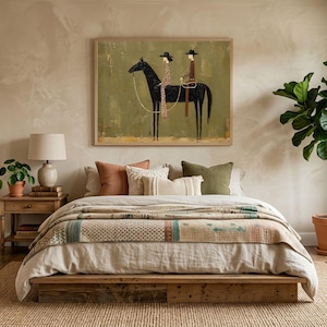 Modern Western Horse Wall Art Printable, Cowboy Abstract Painting, Large Olive Green Equestrian Art Print, Rustic Ranch Decor image 5