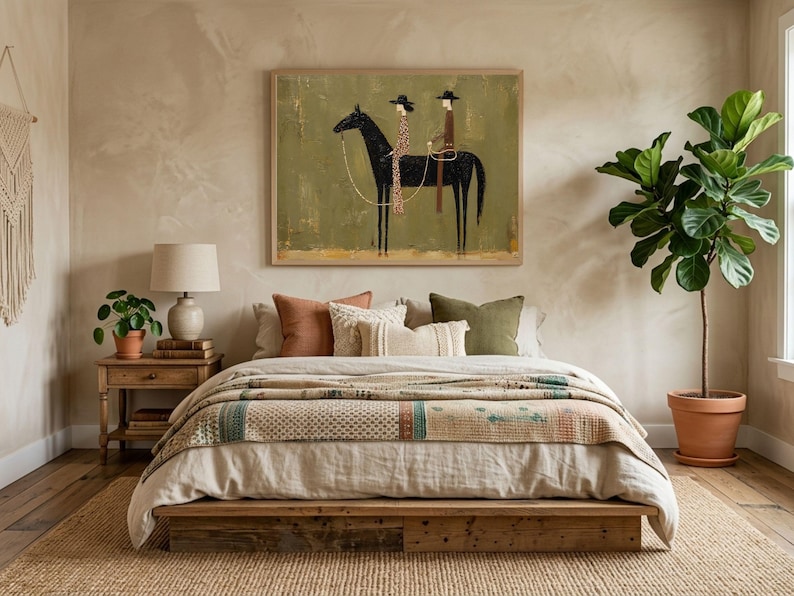 Modern Western Horse Wall Art Printable, Cowboy Abstract Painting, Large Olive Green Equestrian Art Print, Rustic Ranch Decor image 5