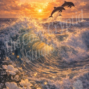May include: A digital painting of a sunset over the ocean, featuring two dolphins leaping from a wave. The scene is illuminated by golden light, with white flowers in the foreground. The sky is filled with orange and yellow hues.