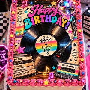 Peut inclure: Un gâteau d'anniversaire rectangulaire aux bordures de glaçage rose, orné d'un graphisme de tourne-disque, d'une cassette audio et de textes comme Happy Birthday, Good Music, Brighter Days et Life is a Mixtape, avec des étoiles et notes colorées.
