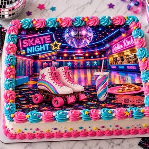 May include: A rectangular sheet cake featuring an edible image of a roller rink with a disco ball, a pair of white roller skates with rainbow stripes, a drink, a slice of pizza, and a roll of tickets. The cake is bordered with pink and blue frosting.