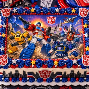 May include: A rectangular cake featuring a Transformers graphic print with Optimus Prime, Bumblebee, Megatron, and Soundwave. The cake is decorated with blue and red frosting swirls, silver sprinkles, and yellow and white star-shaped accents.