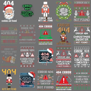 Könnte beinhalten: Eine Sammlung von Designs zum Thema Weihnachten mit dem humorvollen Thema "Error 404". Die Designs umfassen den Weihnachtsmann, einen Nussknacker und verschiedene Strickmuster, alle mit der Fehlermeldung und festlichen Elementen.