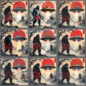 Puede incluir: Nueve impresiones artísticas cuadradas que representan una criatura similar a Bigfoot con un kilt rojo, sosteniendo una espada, con un OVNI encima. El fondo incluye un sol rojo, pagodas japonesas y árboles, mezclando folclore y ciencia ficción.