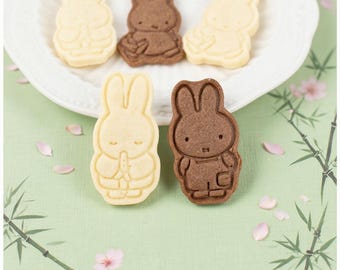 Puede incluir: Una colección de galletas con forma de conejito, algunas de color claro y otras marrón chocolate, dispuestas sobre un plato blanco y una superficie verde. Las galletas tienen detalles precisos, y la escena está decorada con pétalos de flores rosas.