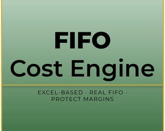 Può includere: Grafica con sfondo sfumato verde e bordo dorato. Il testo "FIFO Cost Engine" è in grassetto nero. Sotto, un testo più piccolo recita "EXCEL-BASED • REAL FIFO • PROTECT MARGINS."