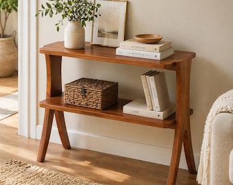 2-Tier Walnut Narrow End Table, Slim Side Table for Small Spaces, Wooden Sofa Table, Modern Nightstand, Entryway Accent Table