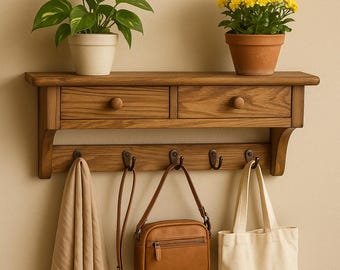 Rustic Wood Coat Rack with Shelf & 4Hooks – Wall Mounted Farmhouse Coat Hooks for Entryway, Bedroom, Bathroom, Kitchen – Walnut Finish