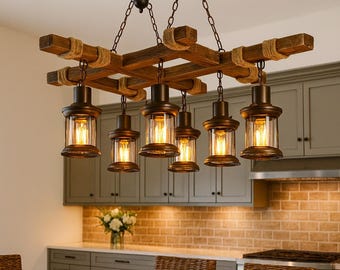 Farmhouse Wood Chandelier| Pendant Light | 8-Light Holder| Industrial Chandelier Lighting