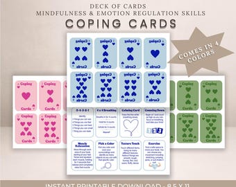 Puede incluir: Un mazo de cartas de afrontamiento en cuatro colores, con habilidades de atención plena y regulación emocional. Las cartas tienen símbolos de corazones y varios ejercicios. El texto en las cartas incluye "Coping Cards" y "Instant Printable Download - 8.5 X 11".