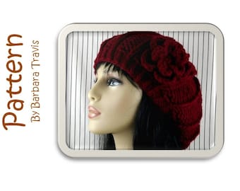 Knitting Crochet Pattern Slouchy Beret 1 X 4 Rib Design with Flower H1002 Knitted Hat Crocheted Flower