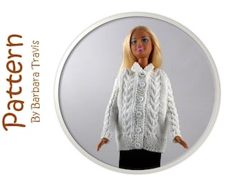 Knitting Pattern for 11 1/2 inch Doll Cardigan Barbie Sweater Cable Design