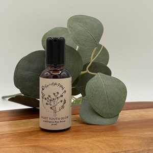 May include: A brown glass bottle with a black cap, labeled "NIGHT YOUTH GLOW 100% Organic Face Serum 30 ml." The bottle is set on a wooden surface, with green leaves in the background. The label has a floral design.