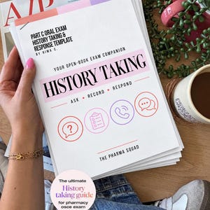 Puede incluir: Una guía de estudio blanca titulada Part C Oral Exam History Taking & Response Template por Rima C. La portada presenta el texto History Taking, Ask, Record, Respond y The Pharma Squad con cuatro iconos circulares en rojo, rosa, morado y naranja.