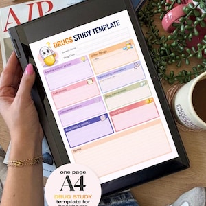 May include: A digital tablet showing a "DRUGS STUDY TEMPLATE" for healthcare students. The template includes sections for generic name, drug class, mechanism of action, indications, and more. A circular sticker reads "one page A4".