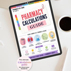Könnte beinhalten: Ein digitales Tablet mit einem Pharmazie-Berechnungsleitfaden von Rima C. Der Bildschirm zeigt eine Überschrift im Notizbuchstil, fünf runde Symbole für Dosierung, klinische Berechnungen, Mole, Pharmakokinetik und Absorption sowie eine Zusammenfassung.