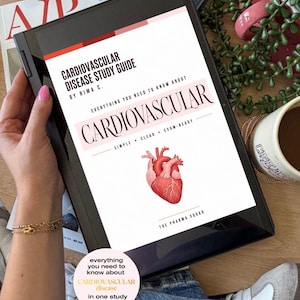 May include: A digital tablet displaying a Cardiovascular Disease Study Guide by Rima C. The cover features a red anatomical heart illustration, the text "Everything you need to know about cardiovascular," and "Simple, clear, exam-ready" branding.