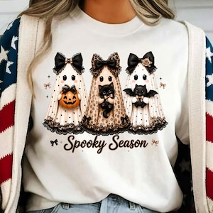 Halloween Season PNG, Ghost Bow Cat Bat Pumpkin Design, Leopard Lace Halloween Shirt, Digital Download