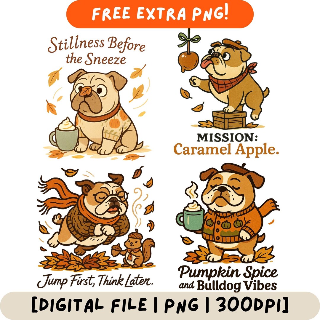 Fall Bulldog Cozy PNG Set | Autumn Dog Clipart - Etsy