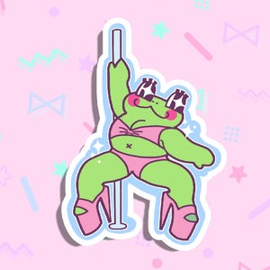 May include: A green cartoon frog wearing a pink bikini, high heels, and cow-print sunglasses, poses on a silver pole. The frog is set against a pink background with pastel shapes.