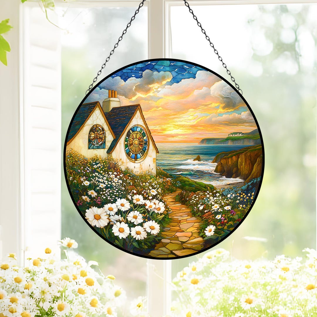 Irish Window Topper Celtic Cottage Stained Glass Suncatcher Irish Landscape Window Hanging ...