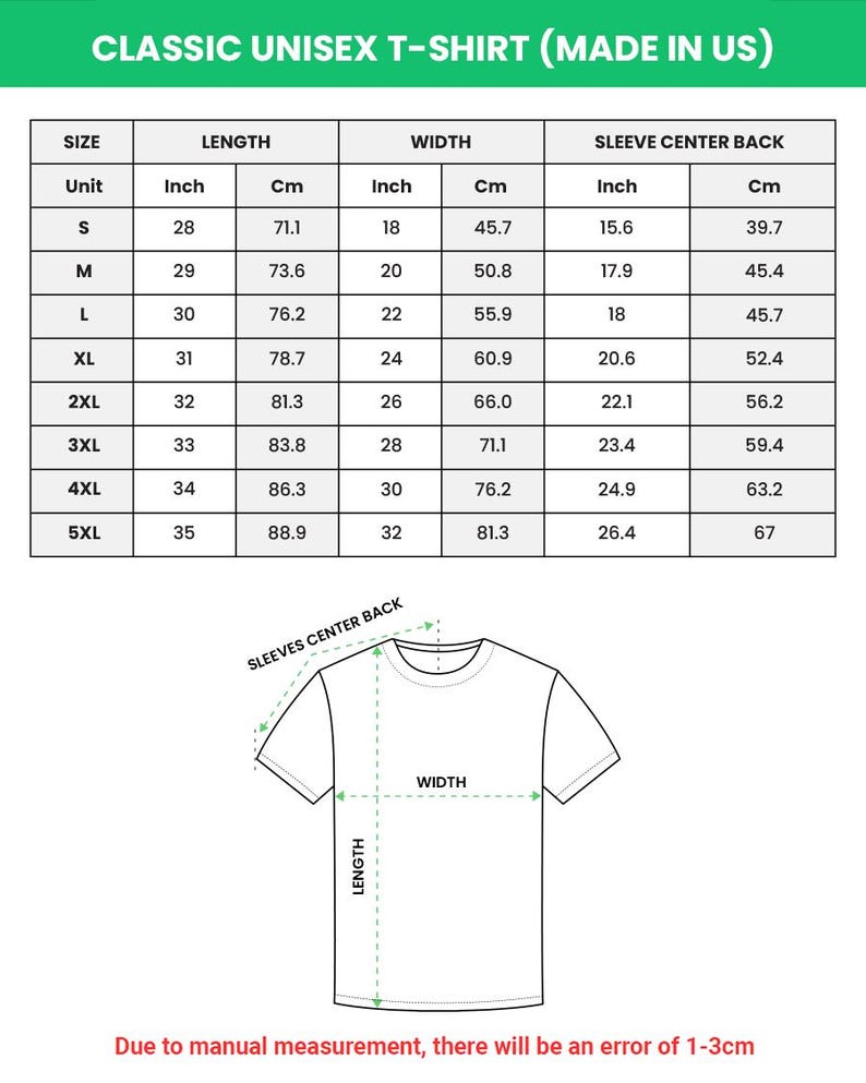 May include: A size chart for a classic unisex t-shirt featuring a table with length, width, and sleeve center back measurements in inches and centimeters for sizes S through 5XL, accompanied by a line drawing of a t-shirt with dimension labels.