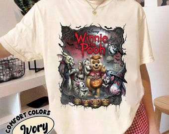 Maglietta retrò di Winnie the Pooh per Halloween, maglietta Disney Comfort Colors per la stagione spettrale, Pooh e i suoi amici per dolcetto o scherzetto, maglietta per viaggi in famiglia