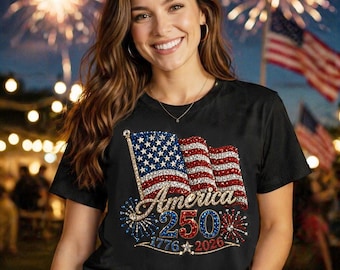 America 250th Anniversary Rhinestone Print Shirt, Patriotic USA Flag Tee, 1776 2026 Independence Day Shirt