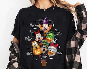 Maglietta retrò con Topolino e amici e palloncini per Halloween, maglietta spettrale di Topolino con palloncini per Halloween, viaggio a Disneyland in famiglia, simpatici amici Disney