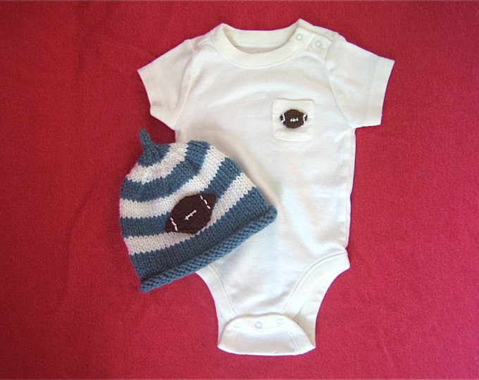 Baby Boy FOOTBALL Gift Set With Knit Hat and White Onesie Handknit