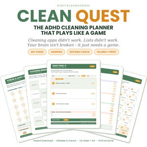 ADHD Cleaning Planner Bundle Gamified | Dopamine Cleaning System, Reward Chart, Declutter Challenge, Family Chore Chart, Editable PDF