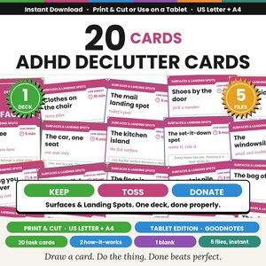 May include: A set of 20 ADHD declutter cards featuring pink and white text on a white background. The cards include task prompts like Clothes on the chair and The kitchen island. A central bar displays the words KEEP, TOSS, and DONATE in colored buttons.