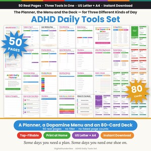 Może przedstawiać: Zestaw narzędzi ADHD Daily Tools zawierający 50 stron planerów i talię 80 kart. Kolekcja obejmuje różne szablony, takie jak Today's Top 3, Priority Matrix i Dopamine Menu, przedstawione w układzie siatki z kolorowymi nagłówkami i tekstem.