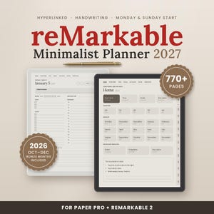 May include: A digital planner for Paper Pro and reMarkable 2 tablets, titled reMarkable Minimalist Planner 2027. It features a gold stylus, 770+ pages, and includes 2026 October-December bonus months with hyperlinked navigation.